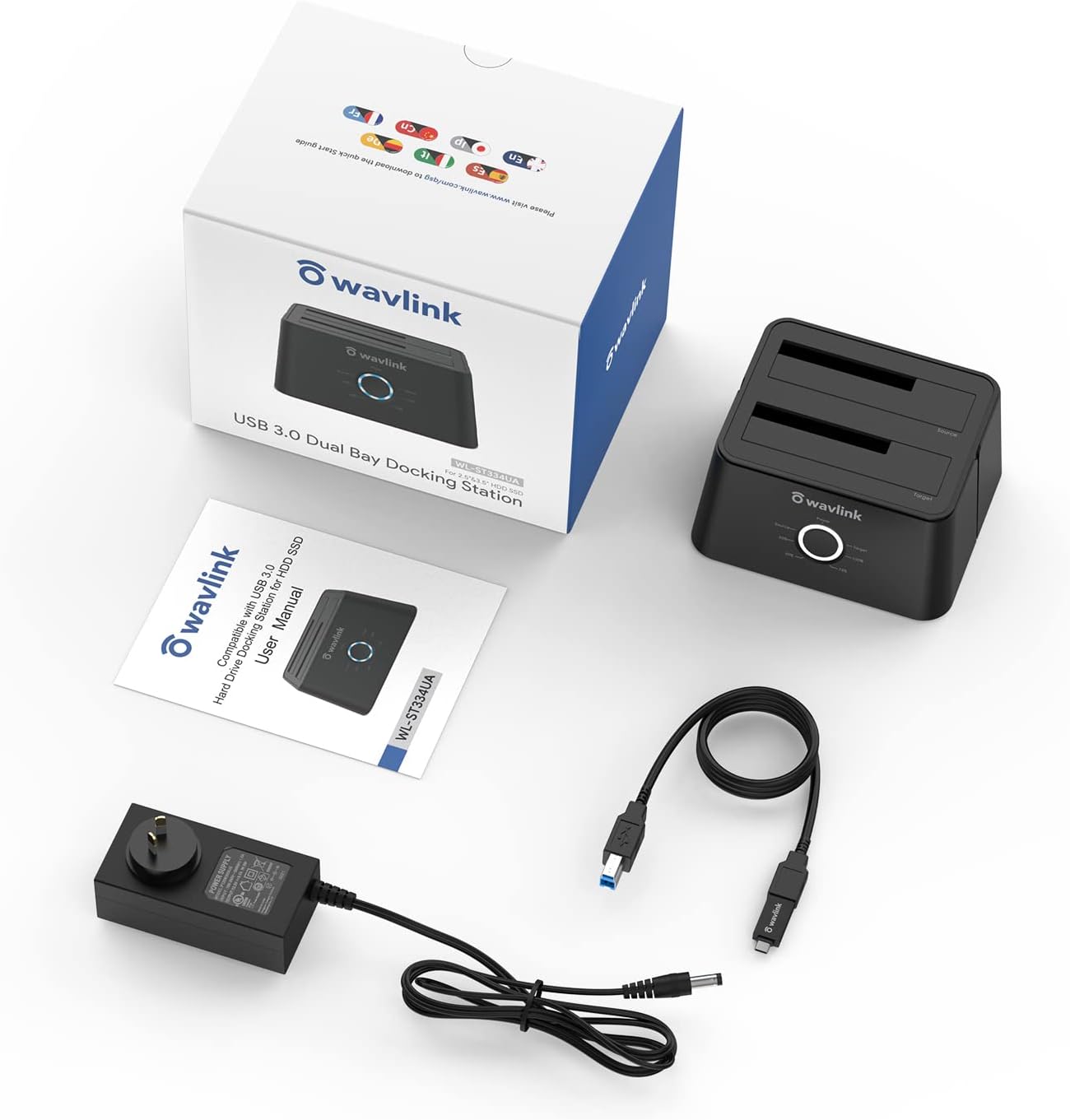 WAVLINK Dual Bay Hard Drive Dock, USB 3.0 to SATA HDD Docking Station for 2.5/3.5 Inch HDD SSD, Support Offline Clone/Backup/UASP