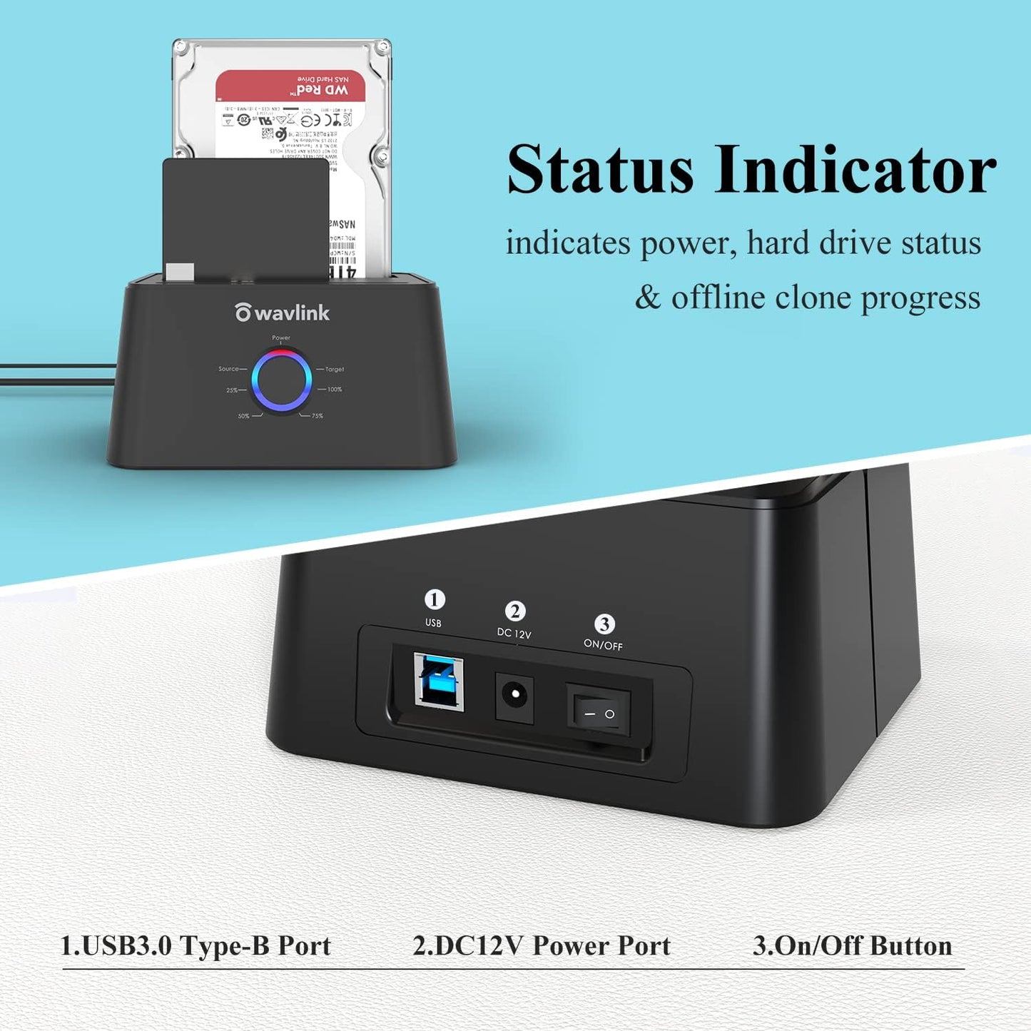 WAVLINK Dual Bay Hard Drive Dock, USB 3.0 to SATA HDD Docking Station for 2.5/3.5 Inch HDD SSD, Support Offline Clone/Backup/UASP