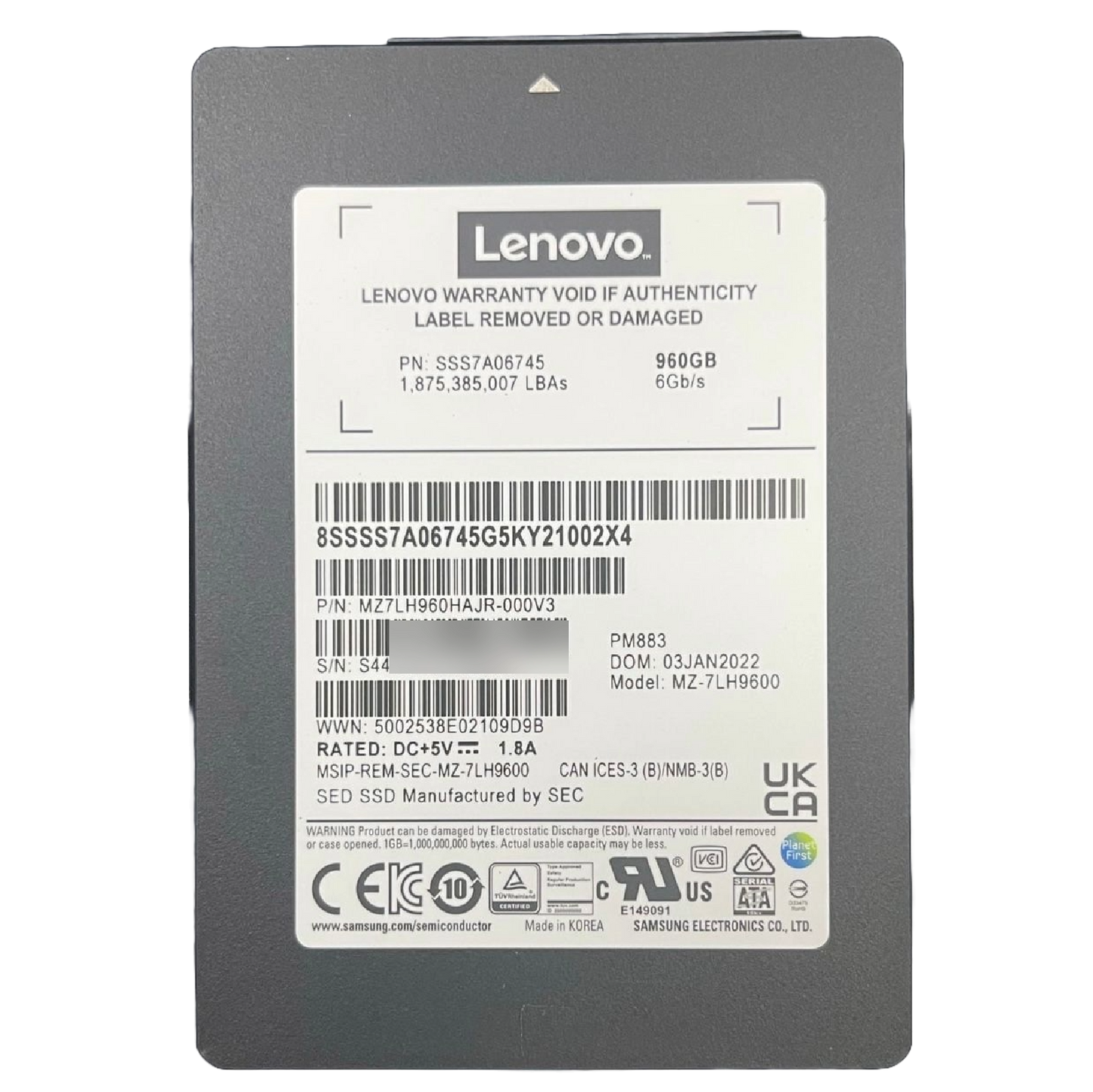 Samsung PM883 MZ-7LH9600 960GB Enterprise SSD 3D TLC SATA 6Gb/s 2.5-Inch - Lenovo OEM