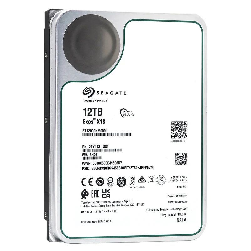 Recertified Seagate EXOS X18 12TB ST12000NM000J ENTERPRISE 3.5" SATA III CMR HARD DRIVE