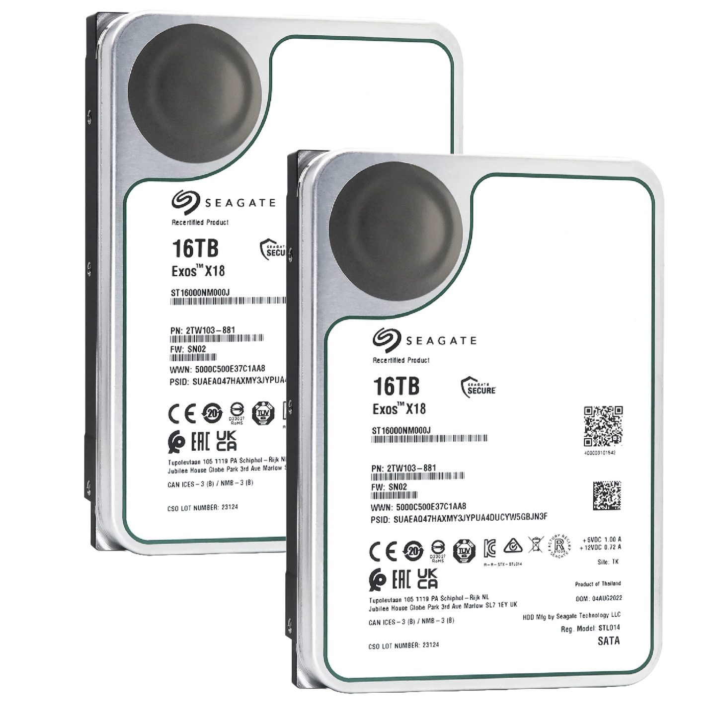 2 Pack Recertified Seagate EXOS X18 16TB ST16000NM000J ENTERPRISE 3.5" SATA III CMR HARD DRIVE