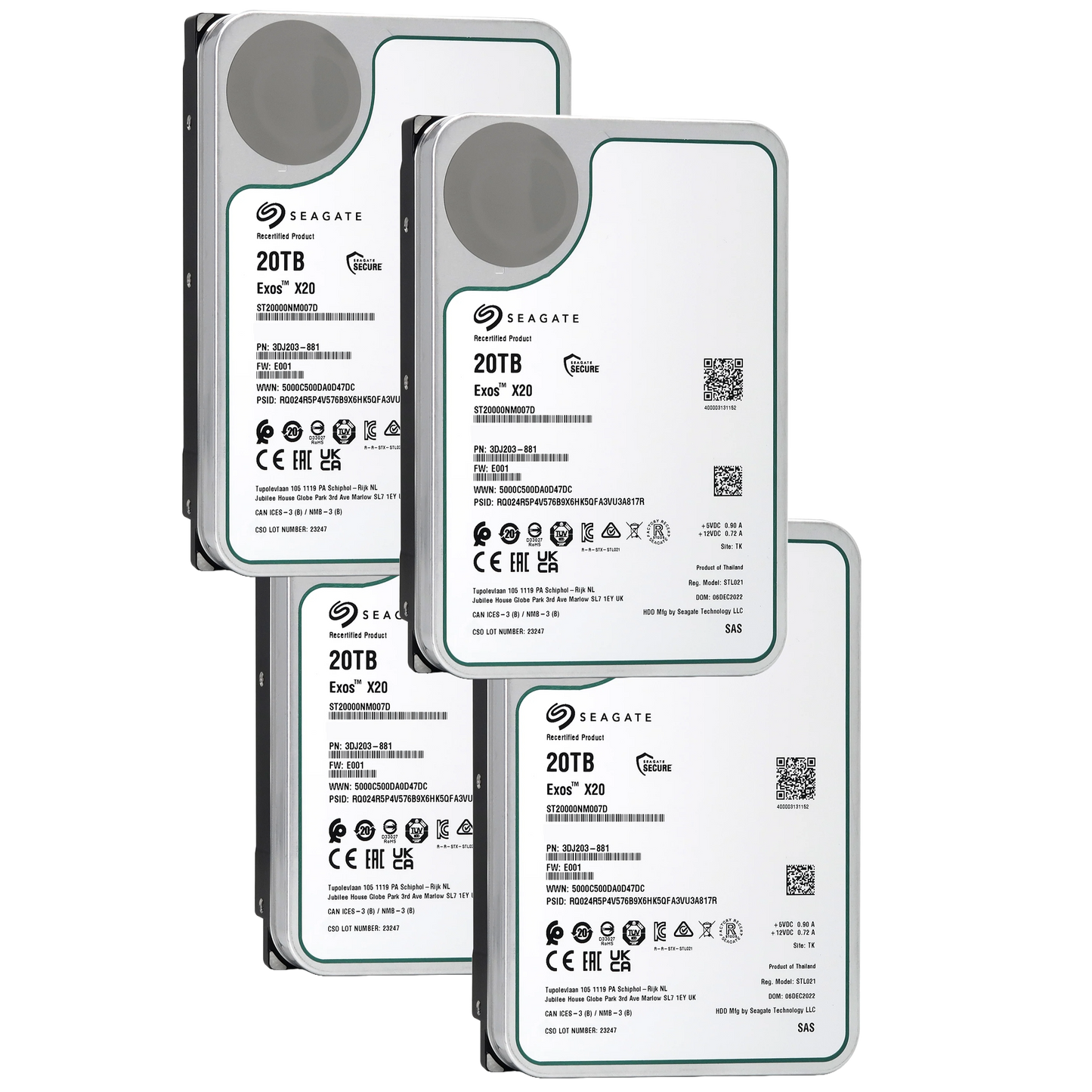 4 Pack Recertified Seagate EXOS X20 20TB ST20000NM007D 3.5" ENTERPRISE CMR HARD DRIVE