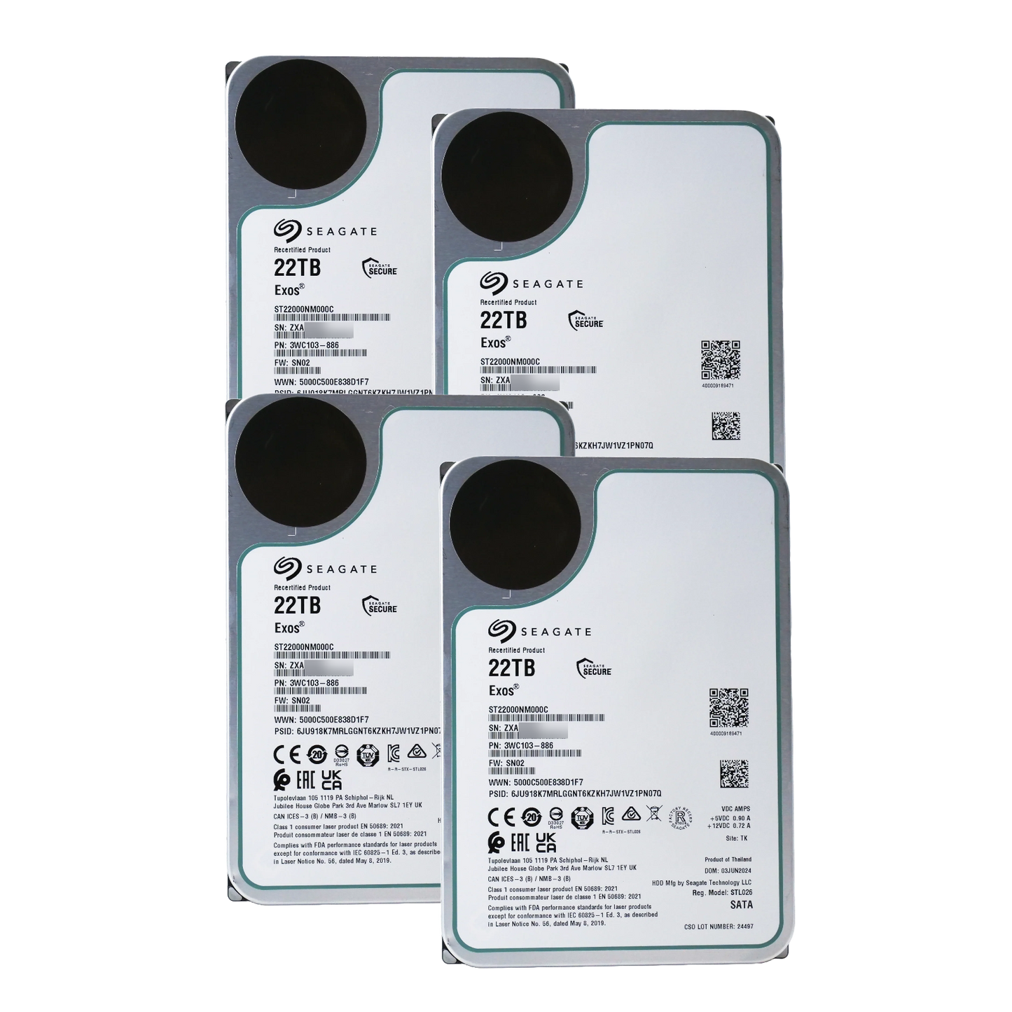 4 Pack Recertified Seagate EXOS 22TB ST22000NM000C ENTERPRISE 3.5" SATA III CMR HARD DRIVE