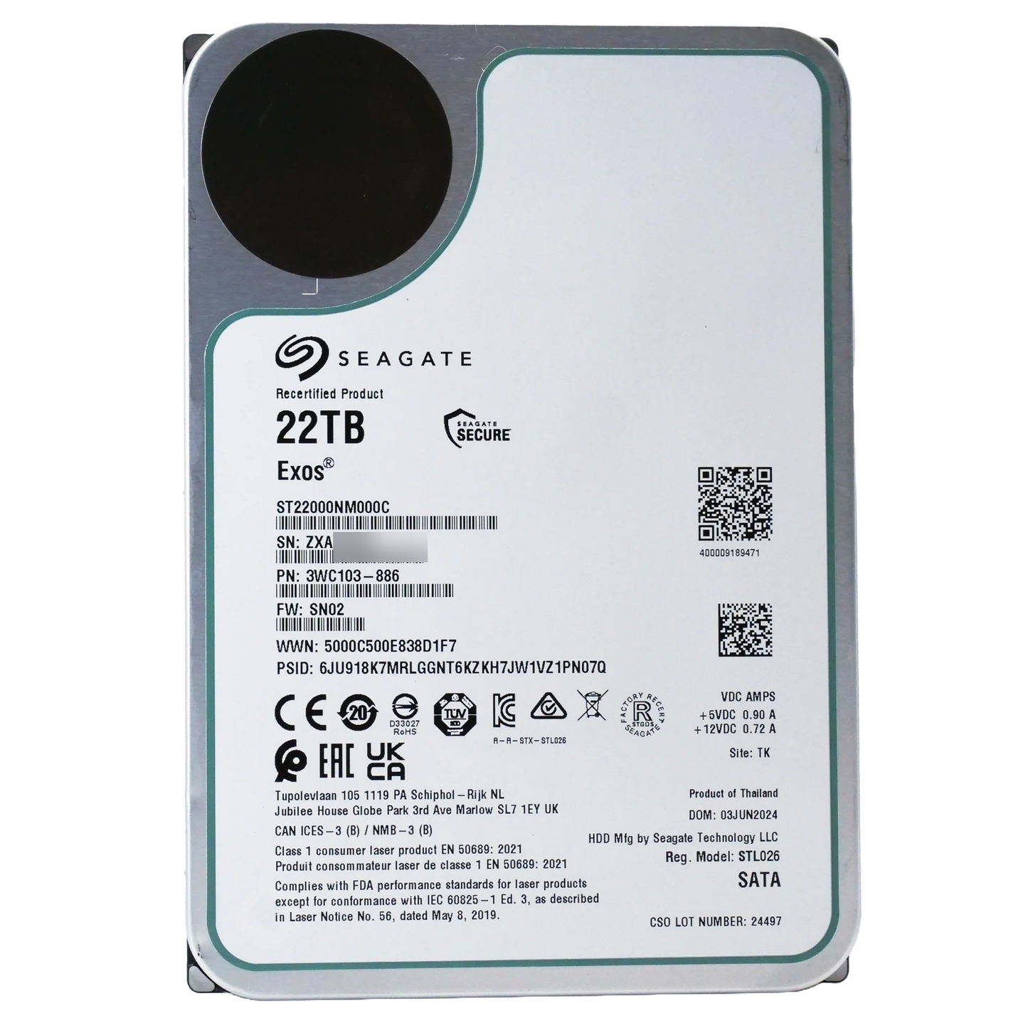 Recertified Seagate EXOS 22TB ST22000NM000C ENTERPRISE 3.5" SATA III CMR HARD DRIVE
