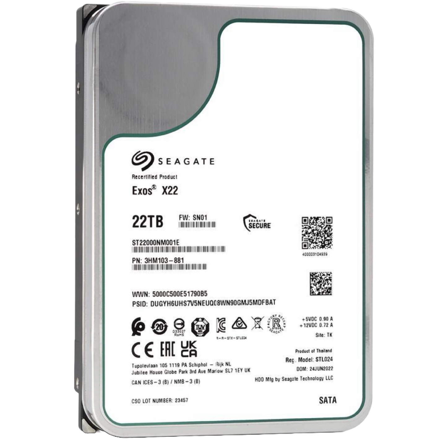 Recertified Seagate EXOS X22 22TB ST22000NM001E ENTERPRISE 3.5" SATA III CMR HARD DRIVE