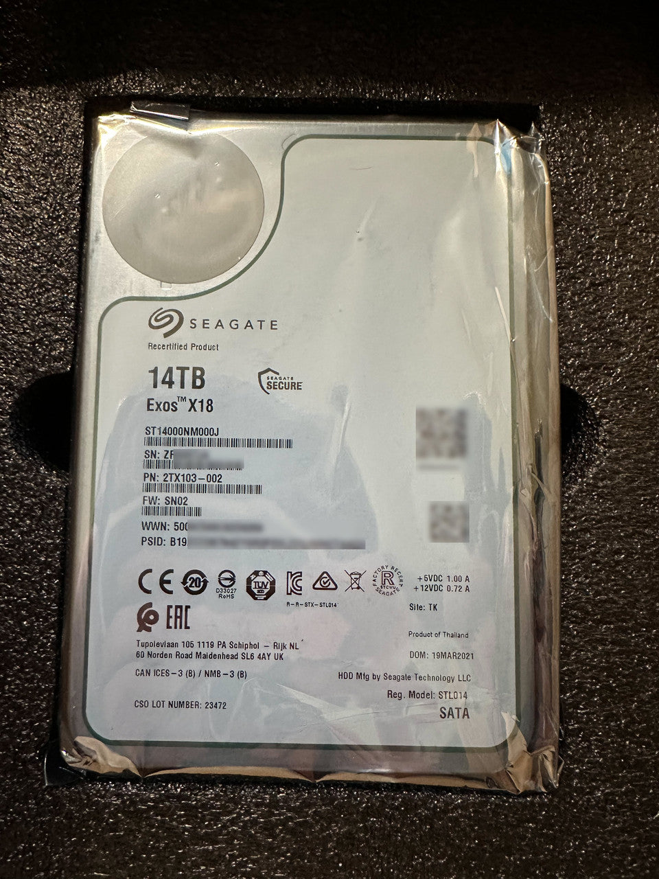 Recertified Seagate EXOS X18 14TB ST14000NM000J ENTERPRISE 3.5" SATA III CMR HARD DRIVE