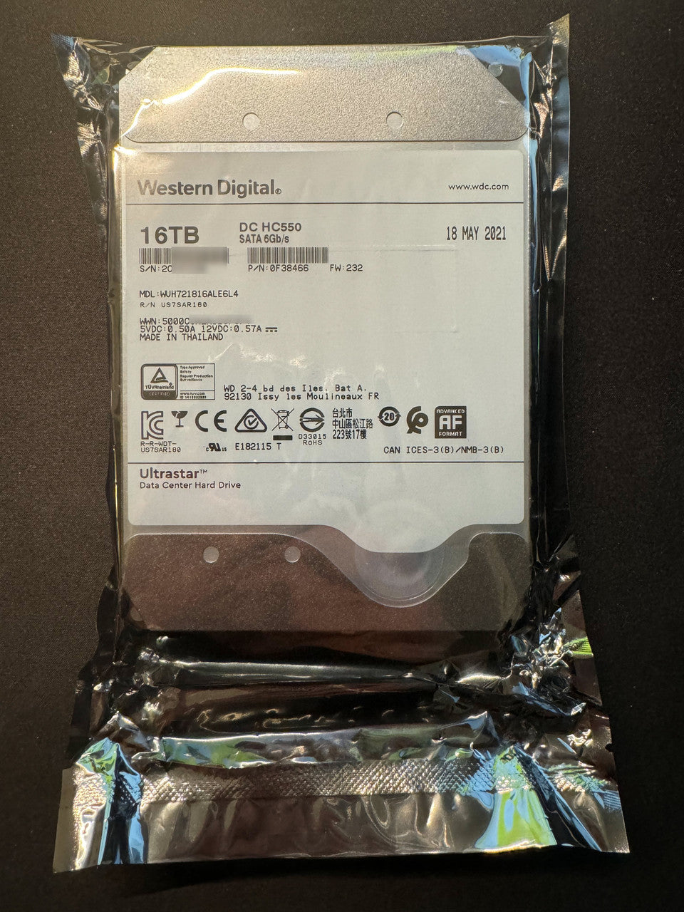 Refurbished WD Ultrastar DC HC550 16TB 3.5" SATA SE CMR HDD WUH721816ALE6L4 0F38466 OEM