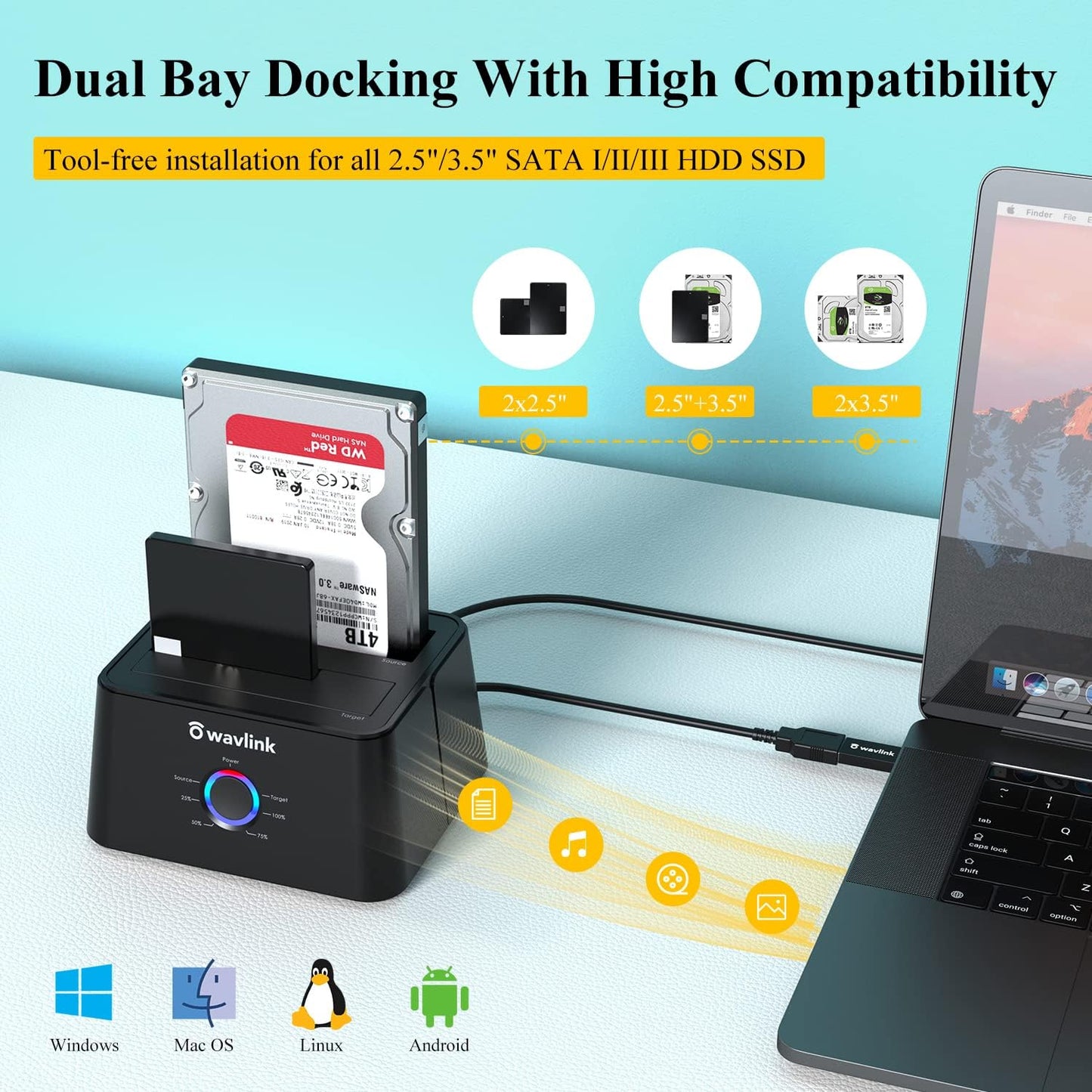 WAVLINK Dual Bay Hard Drive Dock, USB 3.0 to SATA HDD Docking Station for 2.5/3.5 Inch HDD SSD, Support Offline Clone/Backup/UASP