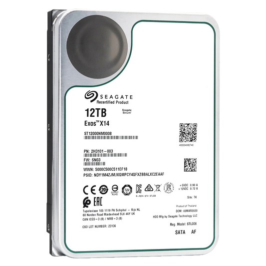 Recertified Seagate EXOS X14 12TB ST12000NM0008 ENTERPRISE 3.5" SATA III CMR HARD DRIVE