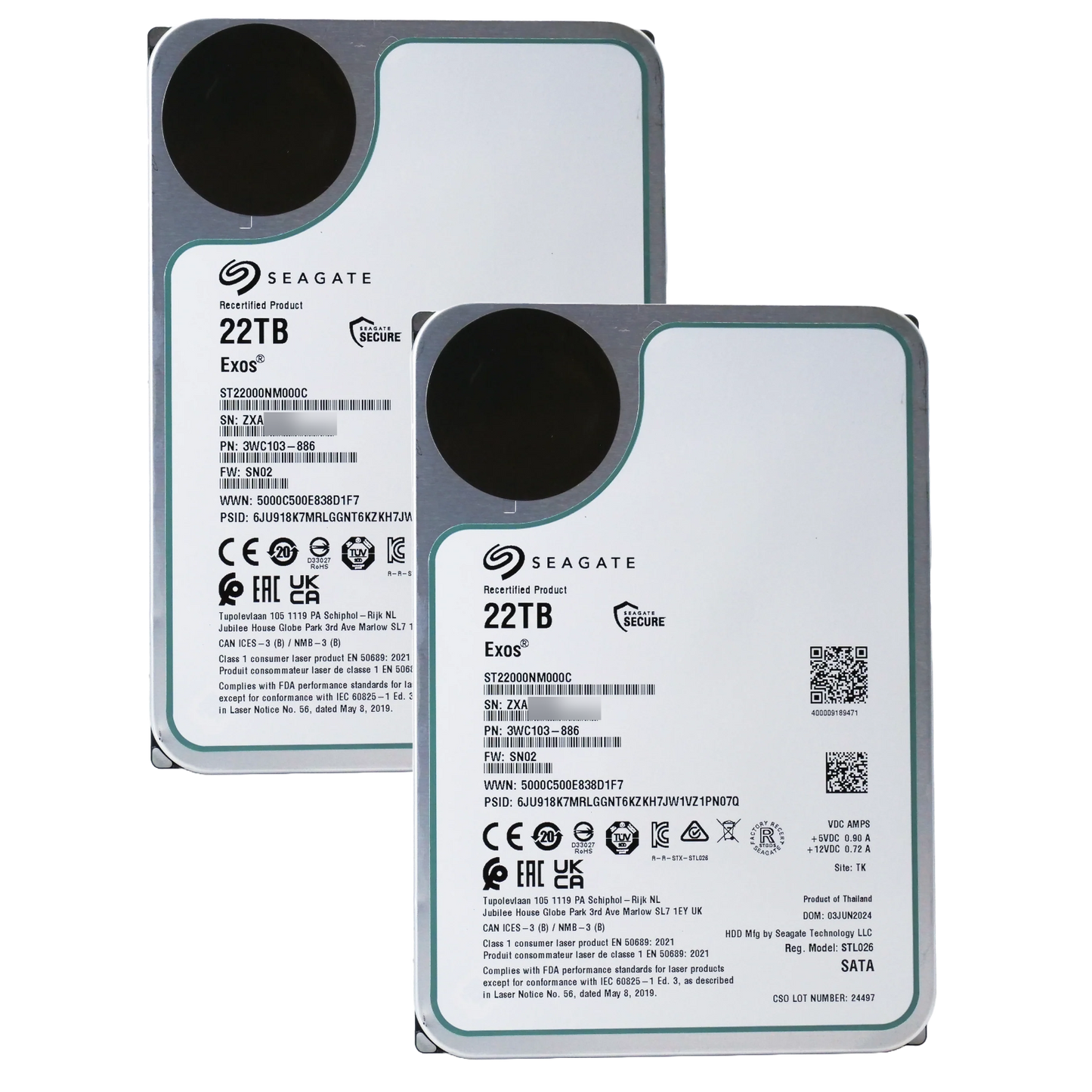 2 Pack Recertified Seagate EXOS 22TB ST22000NM000C ENTERPRISE 3.5" SATA III CMR HARD DRIVE
