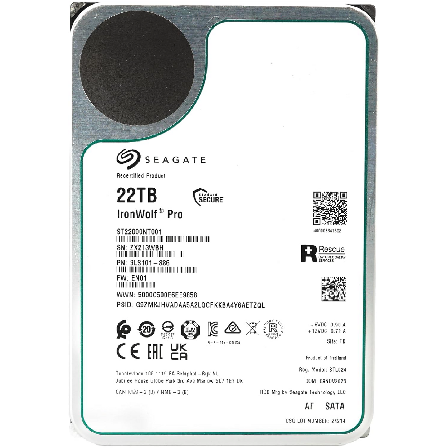 Recertified Seagate Ironwolf Pro 22TB ST22000NT001 NAS 3.5" SATA III CMR HARD DRIVE