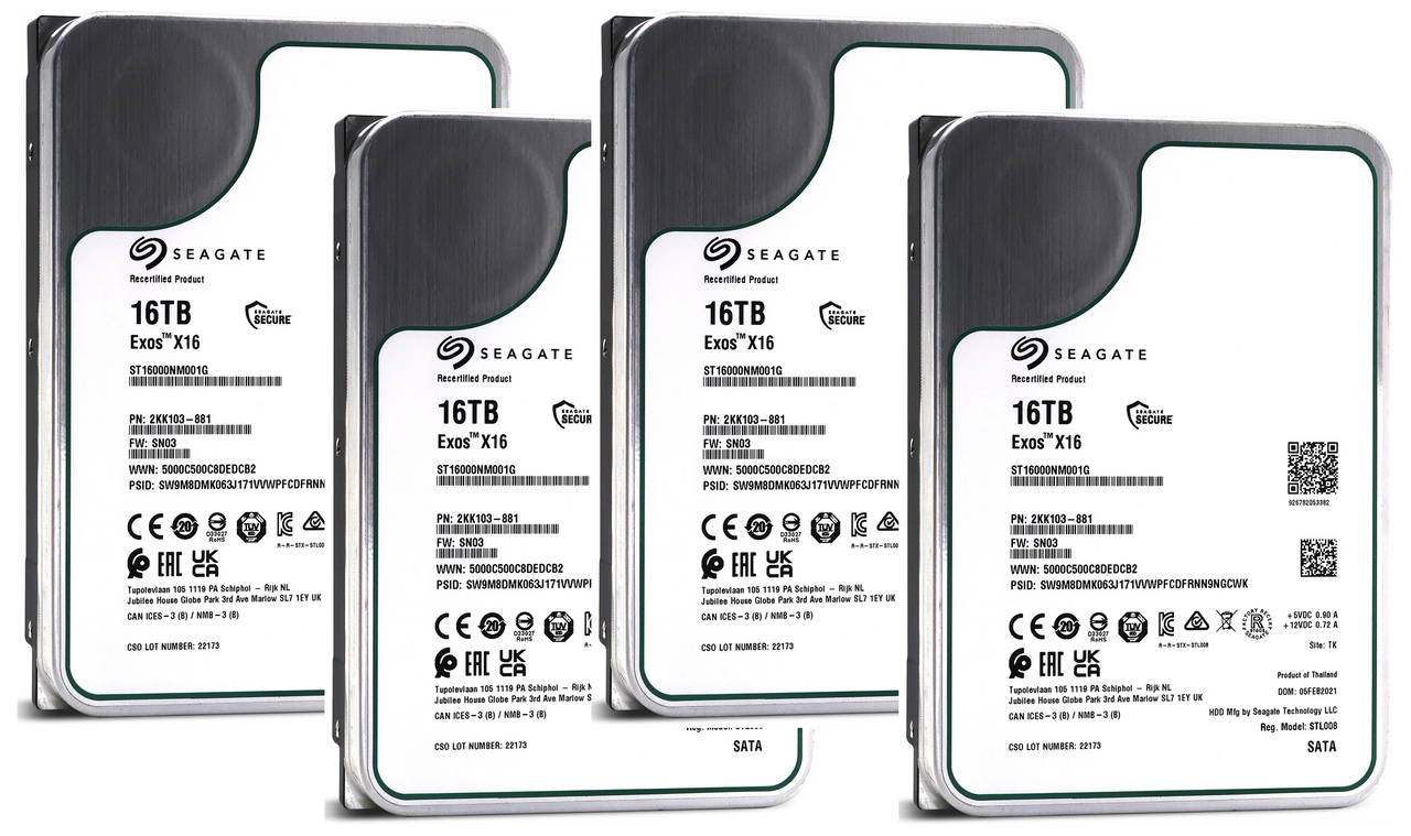 4 Pack Recertified Seagate EXOS X16 16TB ST16000NM001G 3.5" ENTERPRISE CMR HARD DRIVE