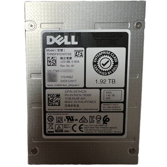 Refurbished Dell OEM Toshiba THNSF81D92CSE 1.92TB (1920GB) Enterprise SSD MLC SATA 6Gb/s 2.5" 0V7HCN